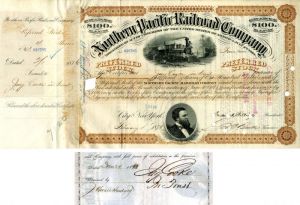 Northern Pacific Railroad Co. issued to and signed by Jay Cooke in trust - Stock Certificate