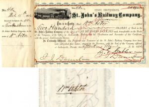 St. John's Railway Co. Issued to and signed by Wm. Astor