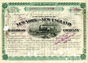 New York and New England Railroad Co. issued to Henry Clews and Co. - Stock Certificate