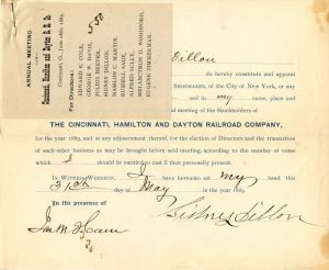 Cincinnati, Hamilton and Dayton Railroad Co. issued to Sidney Dillon - Stock Certificate