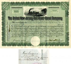 United New Jersey Rail Road and Canal Co. issued to and signed by Pierre Lorillard - Stock Certificate