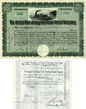 United New Jersey Rail Road and Canal Co. issued to and signed by George B. McClellan - Stock Certificate