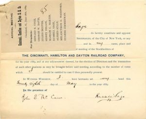 Cincinnati, Hamilton and Dayton Railroad Co. signed by Russell Sage - Stock Certificate
