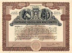 Hawthorne Silver and Iron Mines Limited signed by Julian Hawthorne - Autographed Stocks and Bonds