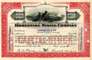 Homestake Mining Co. with printed signature of Fred Clark and Edward H. Clark - Stock Certificate