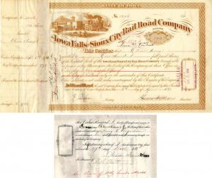Iowa Falls and Sioux City Rail Road Co. Issued to and signed by Oliver Ames - Stock Certificate