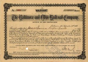 Baltimore and Ohio Railroad Co. signed by Trustee for James Fenimore Cooper - Stock Certificate