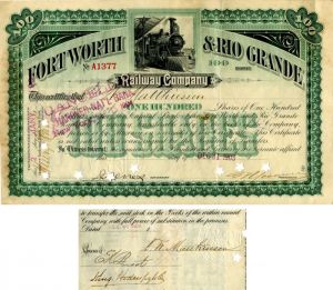 Fort Worth and Rio Grande Railway Co. signed by F.W. Matthiessen - Stock Certificate
