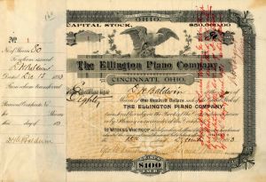 Ellington Piano Co. issued to and signed by D.H. Baldwin - Stock Certificate