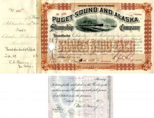 Puget Sound and Alaska Steamship Co. issued to and signed by Charles T. Barney - Stock Certificate