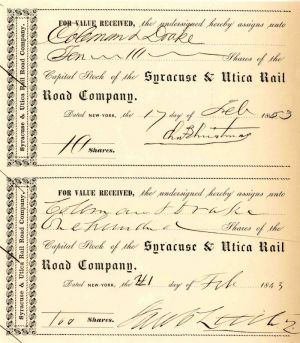 Syracuse and Utica Rail Road Co. Signed by Jacob Little and Chas. Christmas - Pair of Transfer Stock Receipts