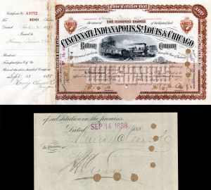 Cincinnati, Indianapolis, St. Louis & Chicago Railway Co. Signed by Henry & J.B. Clews - Railroad Stock Certificate