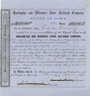 Burlington and Missouri River Railroad Co. Issued to Erastus Corning - Stock Certificate