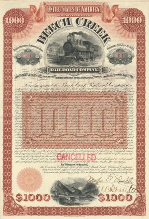 Beech Creek Railroad Co. Signed by Chauncey M. Depew - 1892 dated $1,000 Railway Bond