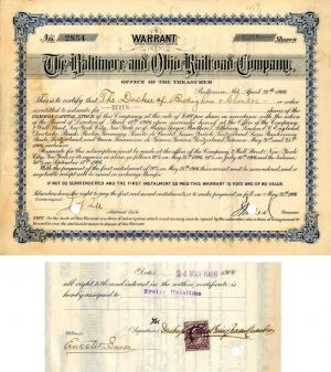 Baltimore and Ohio Railroad Co. Issued to and Signed by Duchess of Buckingham and Chandos - Stock Certificate
