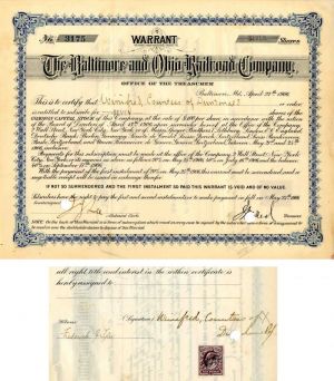 Baltimore and Ohio Railroad Co. Issued to and Signed by Winifred Countess of Dundonald - Stock Certificate