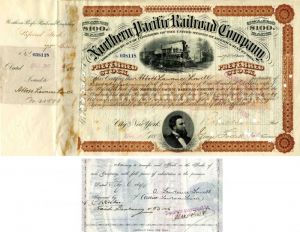 Northern Pacific Railroad Co. Issued to and Signed by Abbott Lawrence Lowell - Stock Certificate
