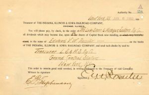 Indiana, Illinois and Iowa Railroad Co. Issued to and Signed by Edward V.W. Rossiter - Stock Certificate