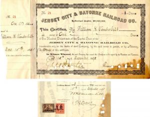Jersey City and Bayonne Railroad Co. Issued to and Signed by Wm. K Vanderbilt - Stock Certificate