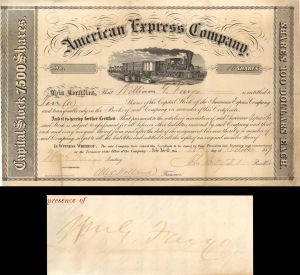 American Express Co. Issued to and Signed by Wm. G. Fargo and John Butterfield - Stock Certificate