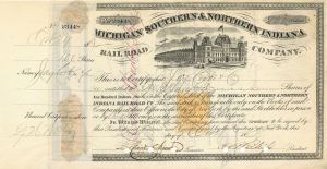 Michigan Southern and Northern Indiana Railroad Co. issued to Jay Cooke and Co. - 1860's dated Railway Stock Certificate