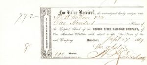 Hudson River Railroad Co. signed by William Astor Attorney - Stock Transfer