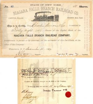 Niagara Falls Branch Railroad Co. Transferred to Chauncey M. Depew, J.P. Morgan, H.W. Webb, etc - Stock Certificate