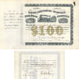 Vernon, Greensburg and Rushville Railroad Co. Transferred to Chauncey M. Depew - Stock Certificate