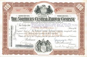 Issued to Milton S. Hershey Trust Co. - Hershey Chocolate related Northern Central Railway Co. - dated 1953-57 Railroad Stock Certificate