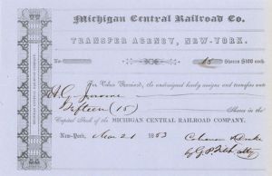 Michigan Central Railroad Co. Issued to A.G. Jerome - Stock Transfer