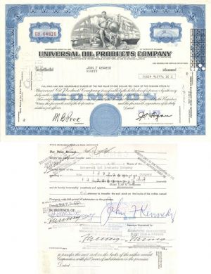 Universal Oil Products Co. Issued to John F. Kennedy - Stock Certificate - Possibly a relative of JFK?