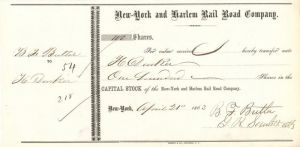 New York and Harlem Rail Road Co. Transferred to Benj. Butler - Autographed Railway Stocks and Bonds