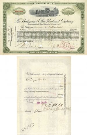 Baltimore and Ohio Railroad Co. Issued to and signed by Richard C. Rothschild - 1927 dated Autograph Railway Stock Certificate