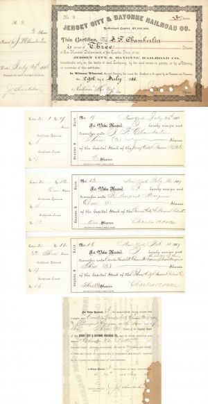 Jersey City and Bayonne Railroad Co. Transferred to J. Pierpont Morgan, Chauncey M. Depew and C. Vanderbilt - Autographed Stocks and Bonds