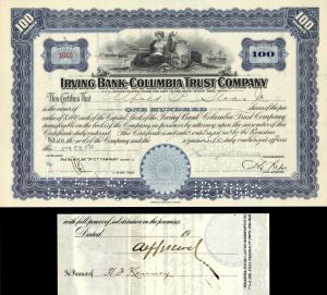 Irving Bank-Columbia Trust Co. Issued to and Signed by Alfred P. Sloan Jr. - 1923 dated Autographed Banking Stock Certificate