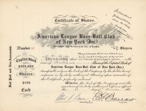 American League Base-Ball Club of New York (Inc.) signed by E.G. Barrow - Autographed Stock Certificate