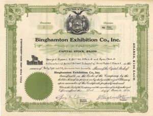 Binghamton Exhibition Co., Inc. issued to George E. Ruppert etc. - Autographed Stock Certificate