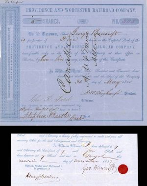 Providence and Worcester Railroad Co. Issued to and Signed by George Bancroft - Stock Certificate