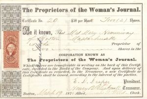 Proprietors of the Women's Journal Signed by Henry B. Blackwell - Stock Certificate