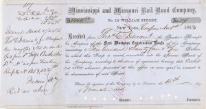 Mississippi and Missouri Rail Road Co. Issued to Thos C. Durant - Autograph Railway Stock Certificate