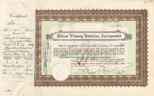  Edison Primary Batteries, Inc. signed by Thomas A. Edison - 1923 dated Autograph Stock Certificate