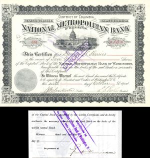 National Metropolitan Bank of Washington Issued to and  Signed by George H. Harries - Stock Certificate 