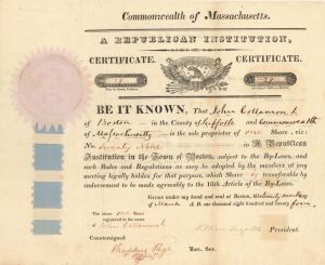 Commonwealth of Massachusetts Signed by William Ingalls - Stock Certificate 