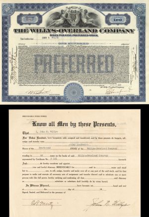 Willys-Overland Co. Issued to and Signed by John N. Willys - Automotive Autograph Stock Certificate