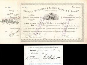 Carthage, Watertown and Sackets Harbor R.R. Co. Issued to and Signed by George F. Baker - Autographed Stock Certificate