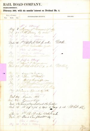 New York Central Ledger Sheet signed by Leonard W. Jerome and William Fessenden - Autographed Stocks and Bonds