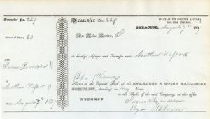 Syracuse and Utica Rail-Road Co. signed by Matthew Vassar Jr. - 1837 Augtographed Stock Certificate