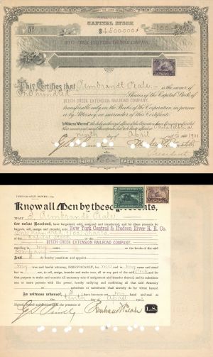 Beeck Creek Extension Railroad Co. issued to Rembrandt Peale with signature on back - 1901 dated Autographed Railroad Stock Certificated
