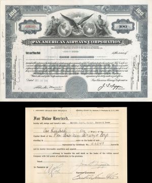 Pan American Airways Corp. issued to Juan T. Trippe and signed on back - 1941 dated Autographed Stock Certificate