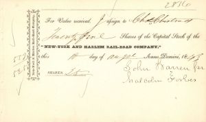 New-York and Harlem Rail Road Co. mentions Malcolm Forbes -1843 dated Stock Transfer